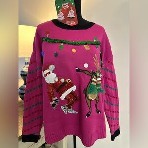 Ugly Christmas Sweater Santa & Reindeer Design & Earrings - Size XXL - N w/o T